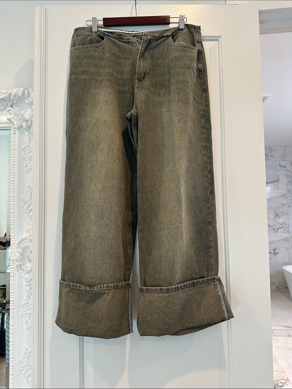 Wide Leg Cuffed Denim Pants - Olive Green